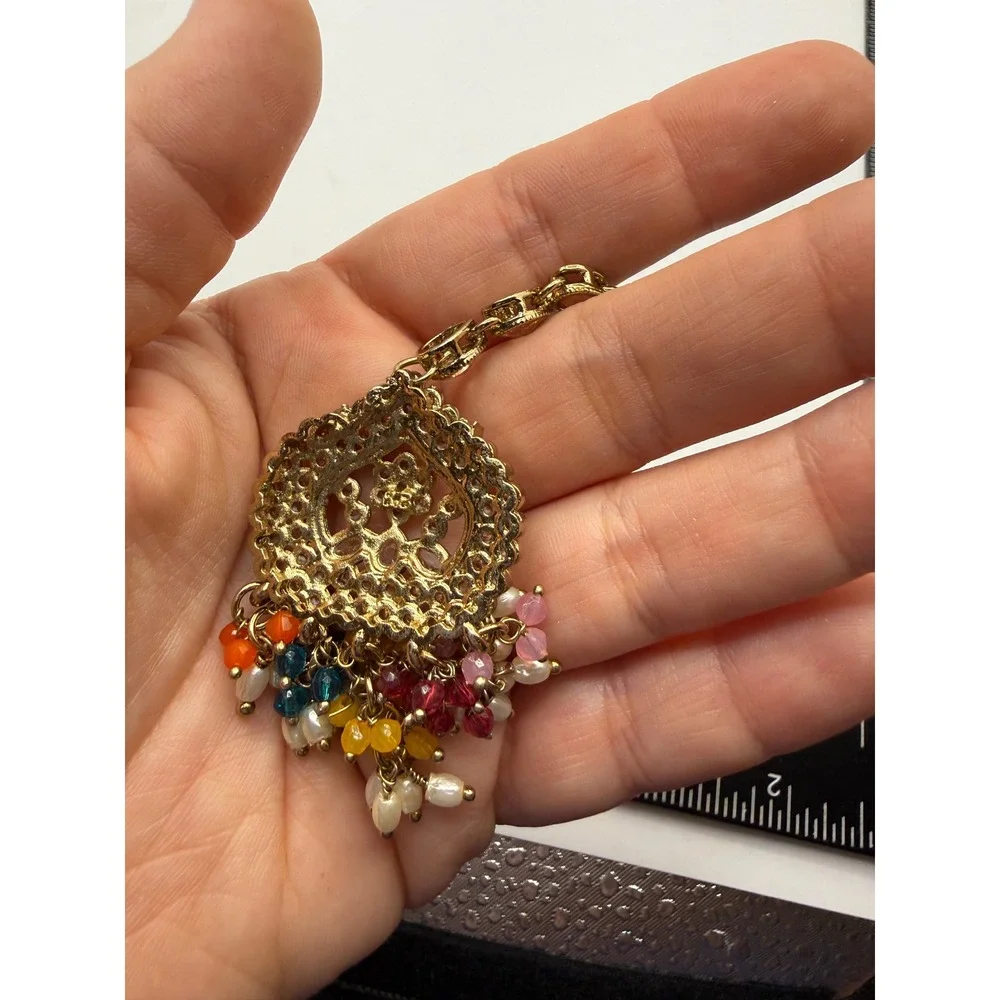 Gold Tone‎ Maang Tikka Indian Headpiece Rhinestone Multi Color Bead Faux Pearl